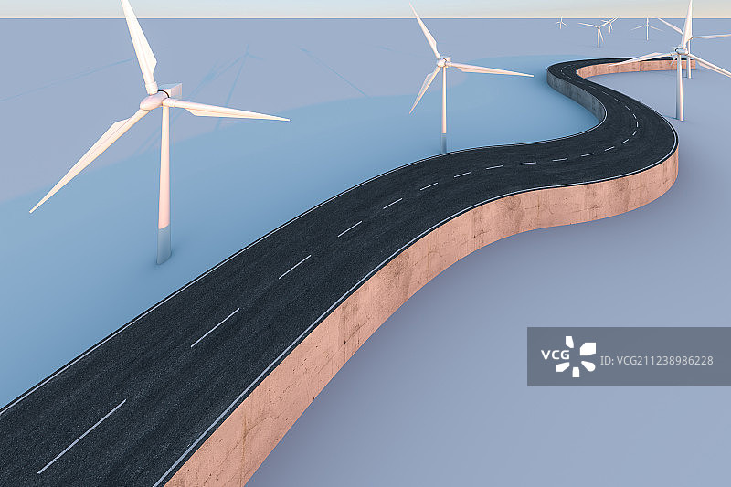风车发电机与弯曲延伸的沥青道路，三维渲染图片素材