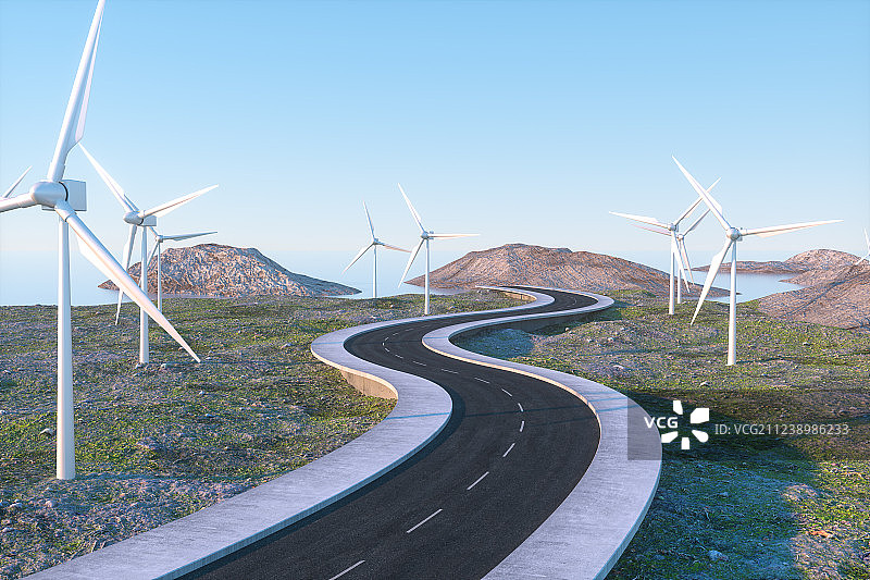 风车发电机与弯曲延伸的沥青道路，三维渲染图片素材