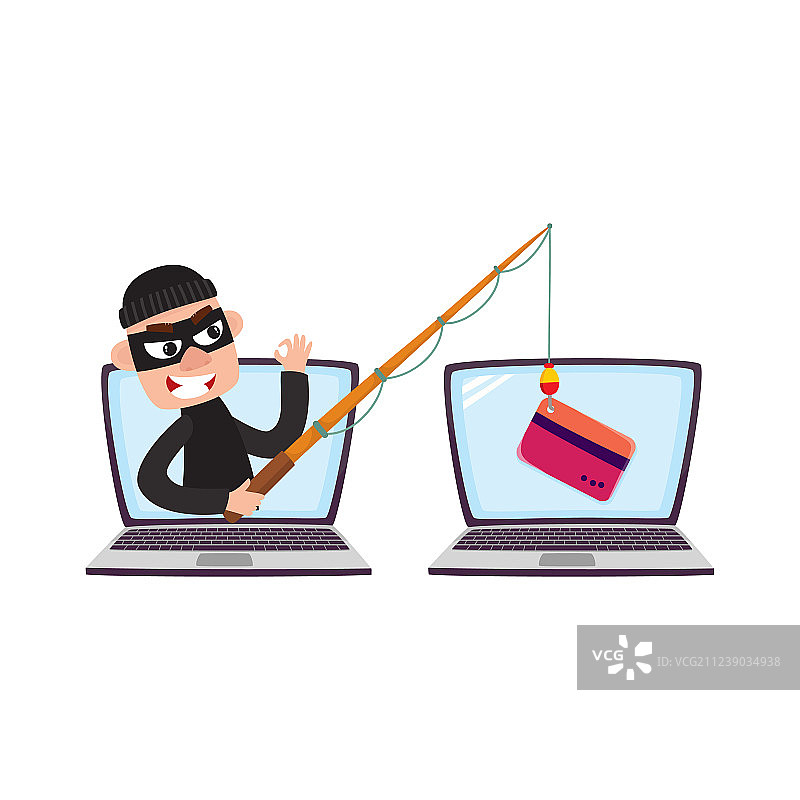 戴面具的黑客使用钓鱼竿进行网络钓鱼攻击图片素材