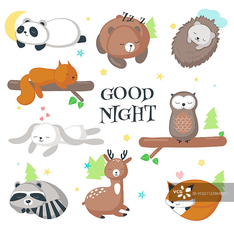 可爱睡着的野生动物图标合集图片素材