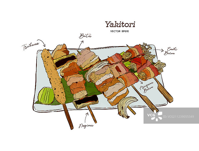 复古设计的日式烤鸡肉串图片素材