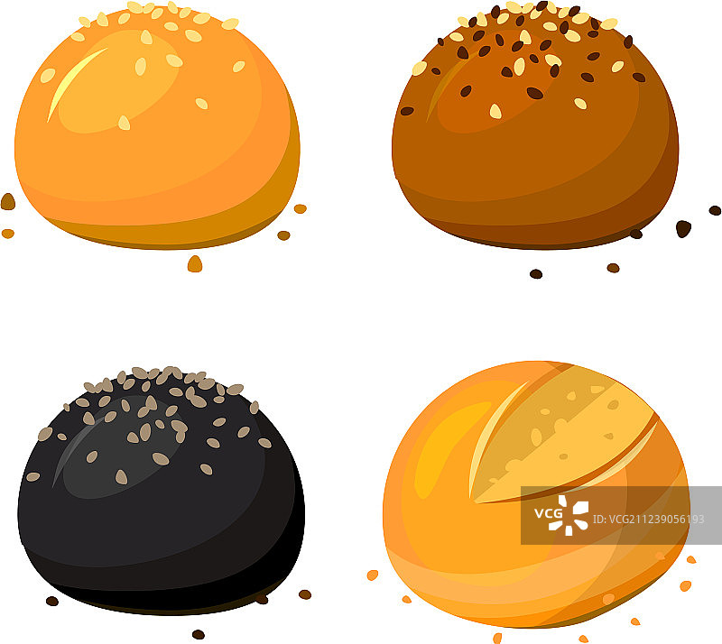 白色背景上的各种带芝麻的圆面包卷图片素材