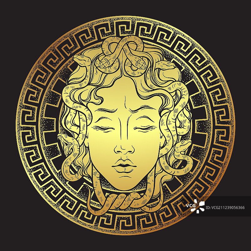美杜莎戈耳工在盾牌上手绘的金色头颅图片素材