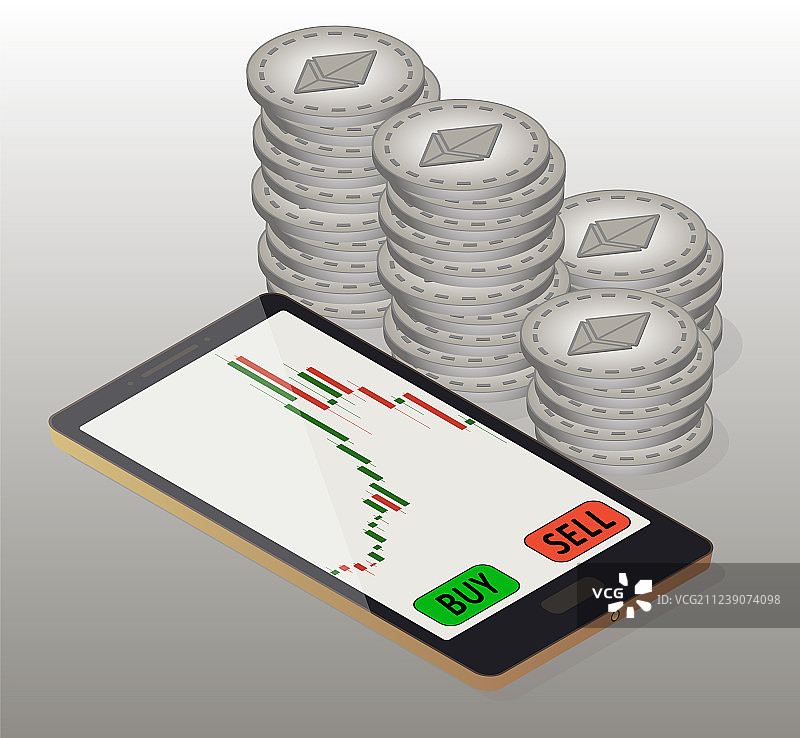 手机右侧的以太坊硬币图片素材