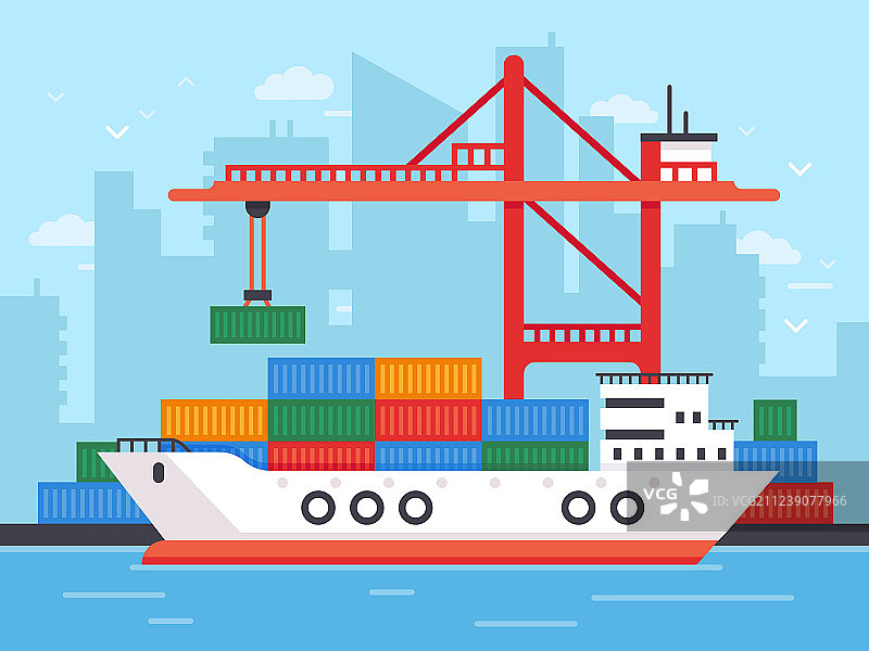 码头港口起重机旁的扁平风格货船图片素材