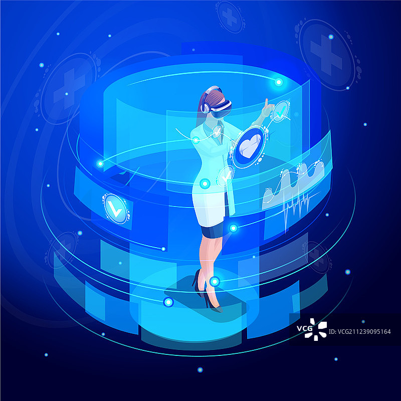 2.5D风格的医生在虚拟屏幕上工作图片素材