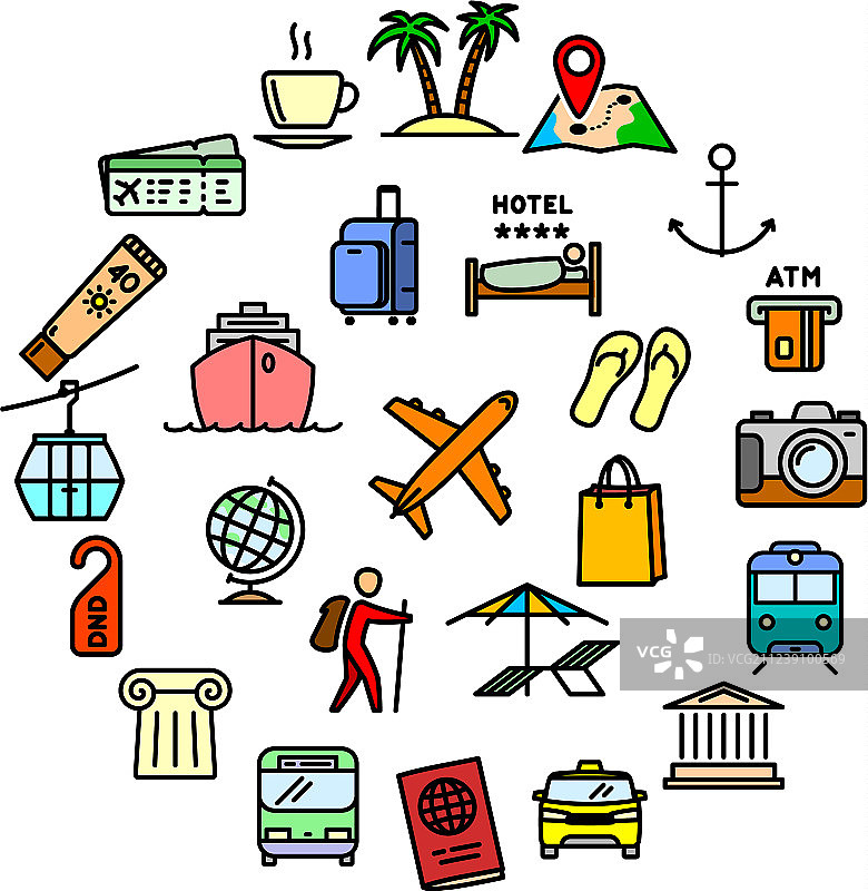 旅行相关合集-25个彩色轮廓图标图片素材