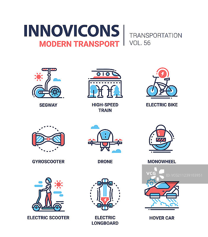 现代交通工具线性设计风格图标集图片素材