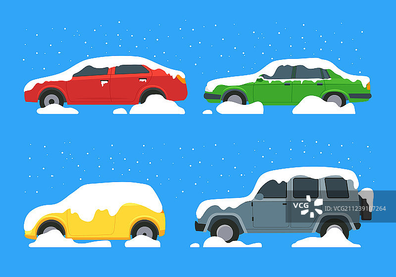 卡通彩色汽车雪地覆盖图标集图片素材