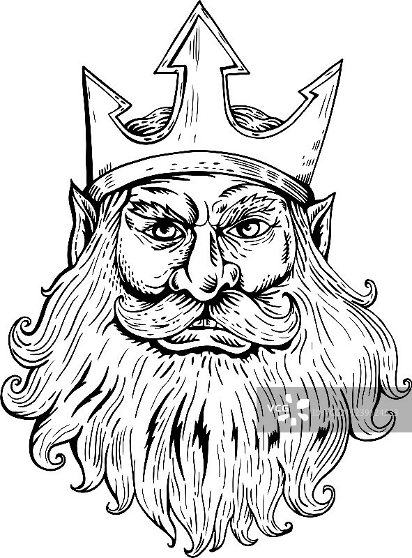 波塞冬戴着三叉戟皇冠的木刻图片素材