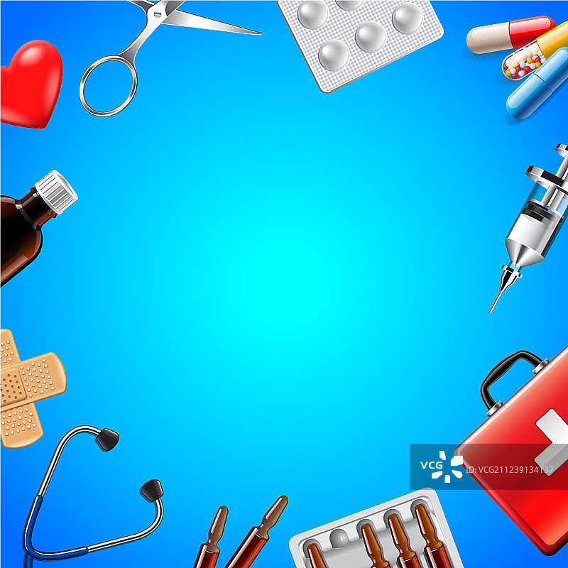 蓝色背景上的医疗物品俯视图图片素材