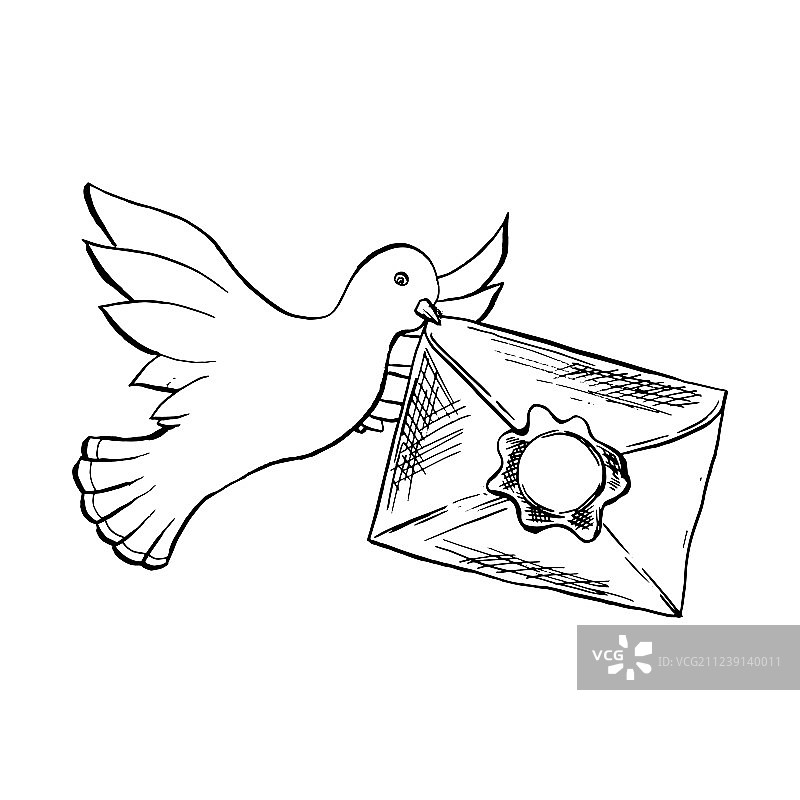 素描风格的鸽子飞翔与信封图片素材