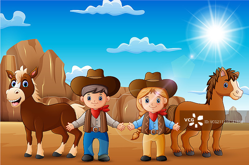 卡通牛仔和牛仔女郎与沙漠动物图片素材