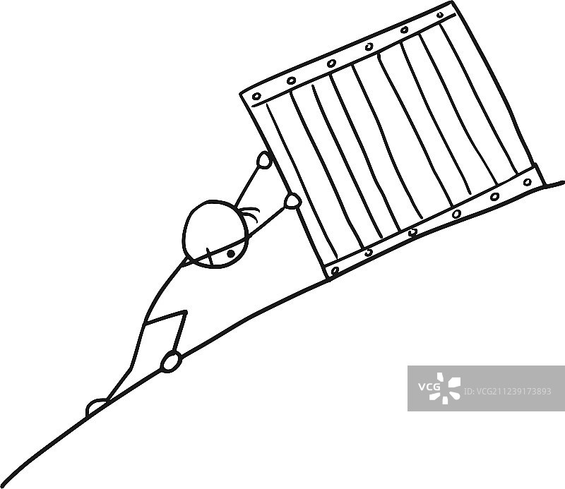 男人推着大箱子上山的卡通图片素材