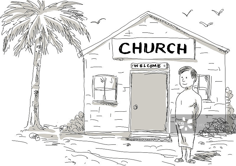 站在教堂旁边的萨摩亚男孩卡通图片素材