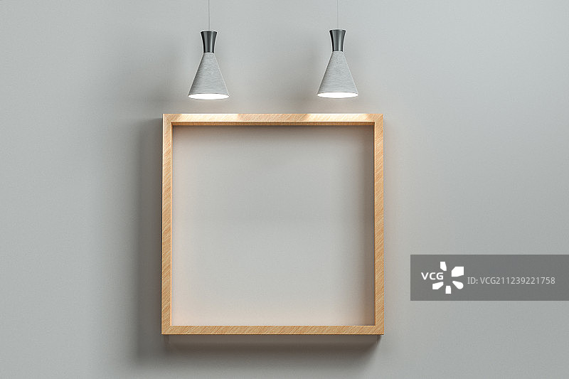 打开的吊灯与墙上的画框，三维渲染图片素材