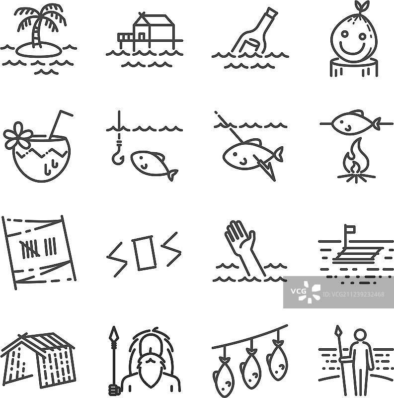 海岛生存线性图标集图片素材