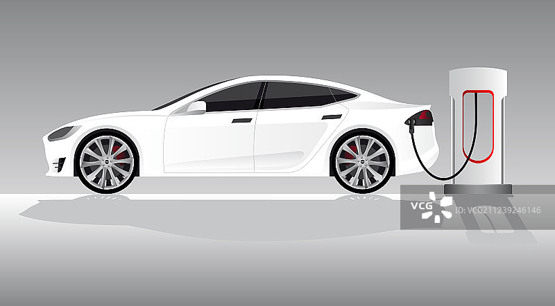 带有充电桩的白色电动汽车图片素材