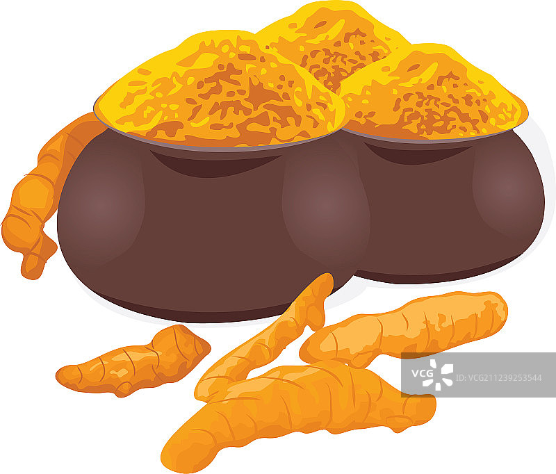 罐子里的姜黄根和姜黄粉图片素材