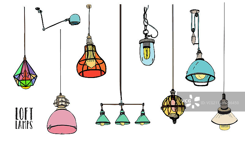 不同颜色Loft风格灯具合集图片素材