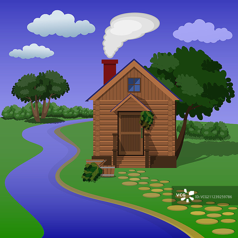 河岸上的木制乡村桑拿房图片素材