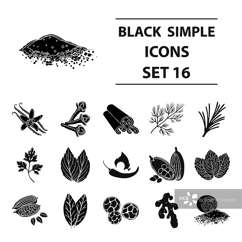 黑色风格香草和香料图标集图片素材