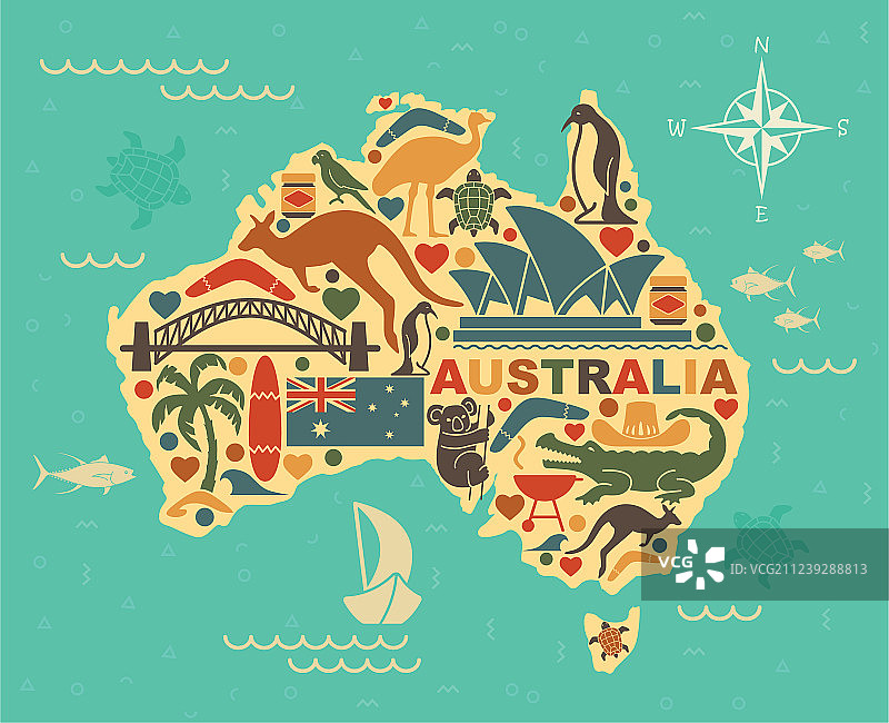 带有澳大利亚标志的风格化地图图片素材