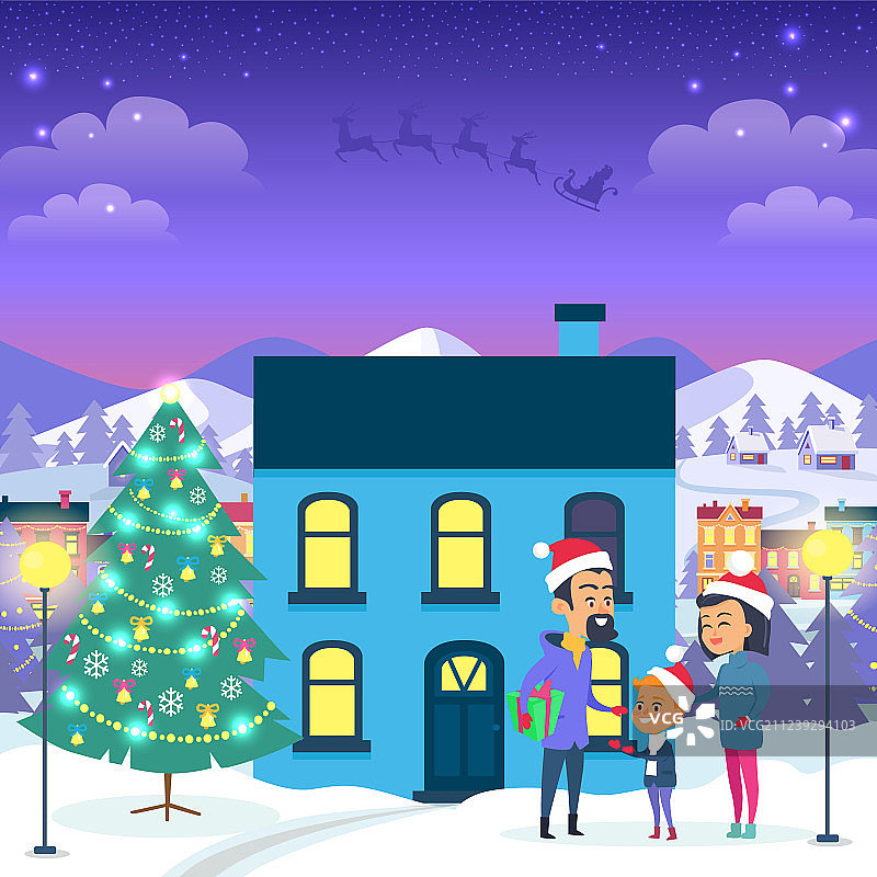 幸福家庭在城市住宅和圣诞树旁图片素材
