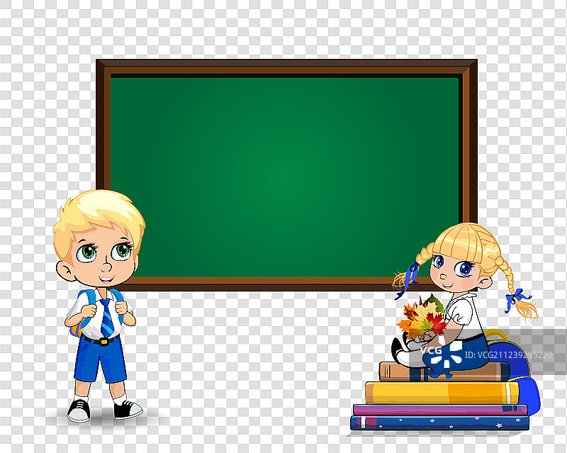 透明黑板附近的可爱的卡通学生儿童图片素材