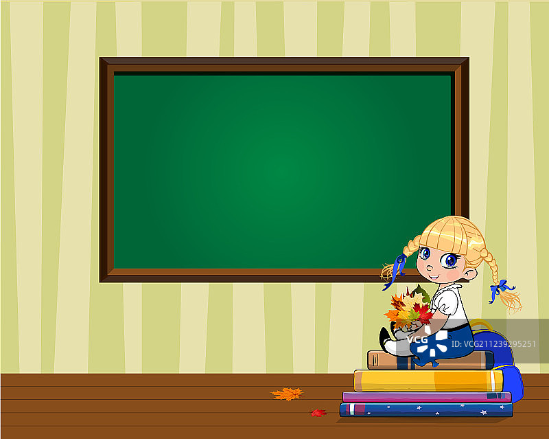 坐在书堆上的可爱卡通女学生图片素材