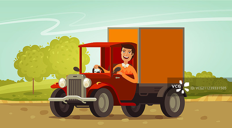 快乐的司机驾驶复古卡车送货图片素材