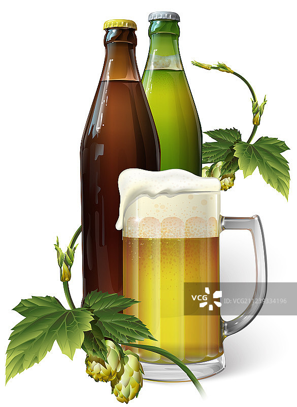 啤酒杯与啤酒花及两瓶啤酒图片素材
