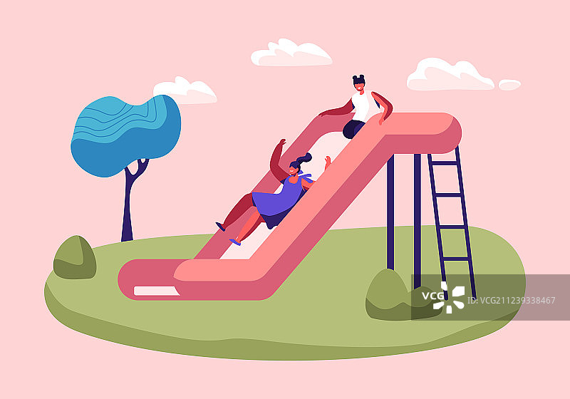 快乐的女孩们在户外滑滑梯上玩耍图片素材