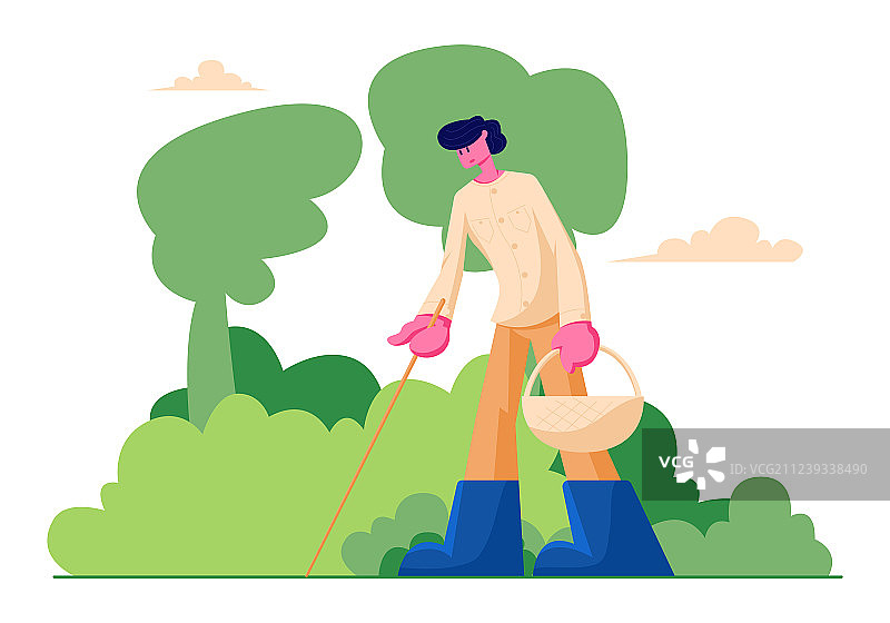 快乐的男人拿着篮子和棍子图片素材