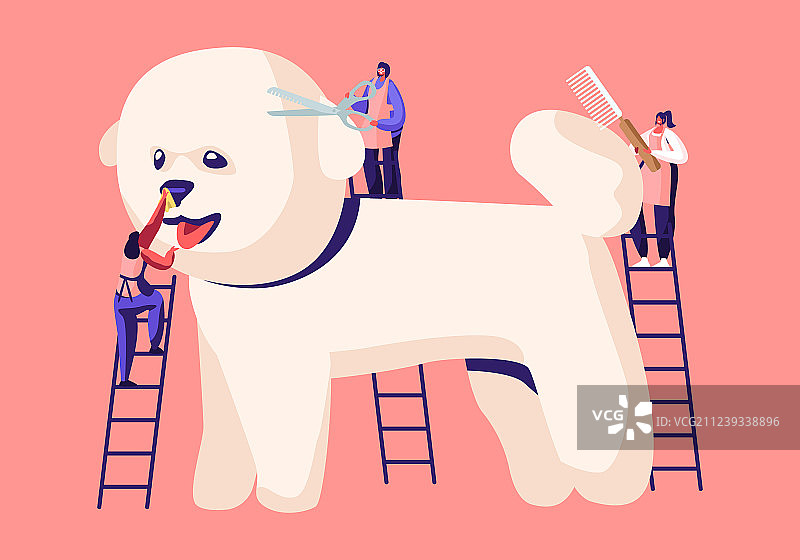 在梯子上照顾可爱贵宾犬的小人图片素材