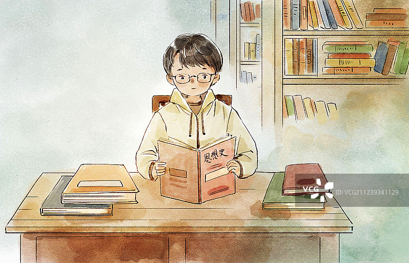 读书水彩插画图片素材