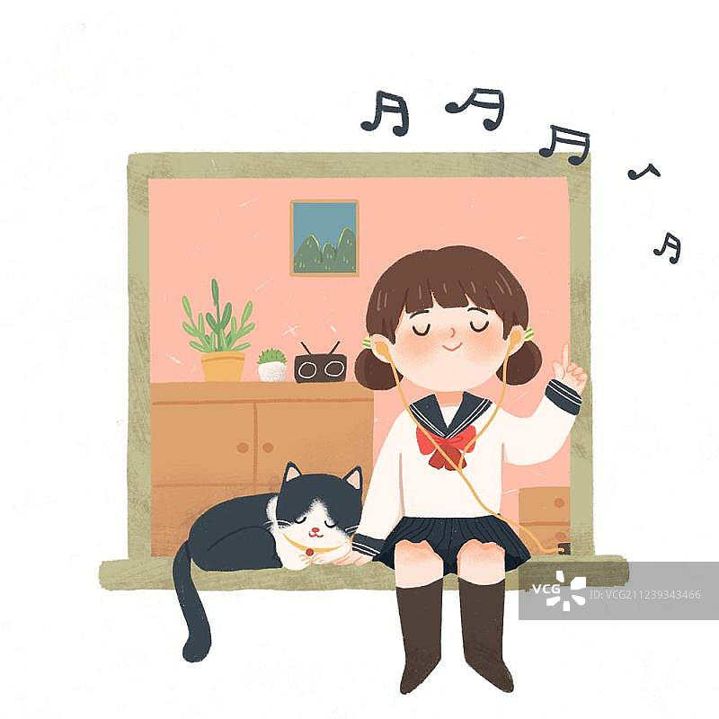 坐在窗户上唱歌的女孩图片素材