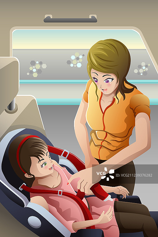 母亲为孩子在汽车座椅上系安全带图片素材