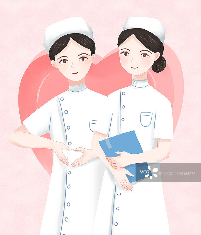两位站立的女性护士半身像 手绘插画图片素材