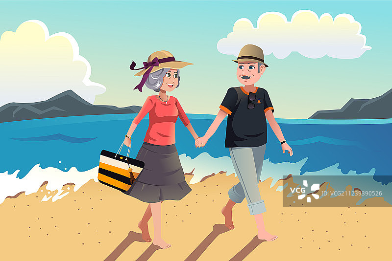 老年夫妇在沙滩上散步图片素材