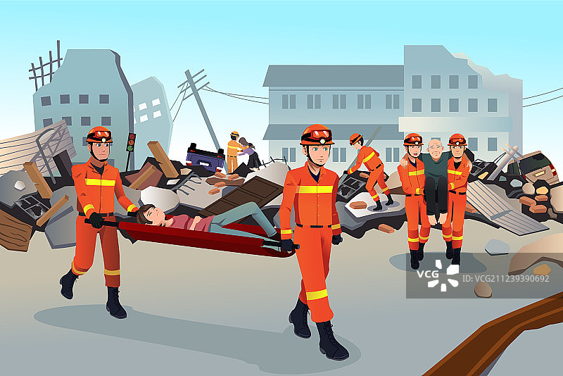 救援队在废墟中搜寻图片素材