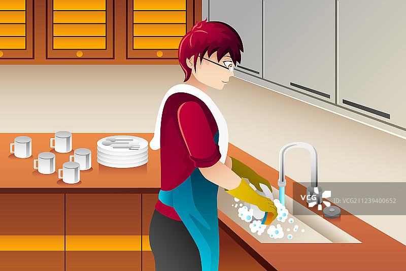 男子洗碗图片素材