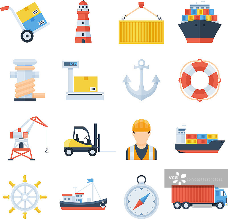 扁平风格的港口图标合集图片素材