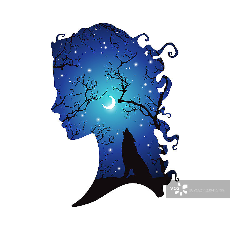 双重曝光：女性与狼的剪影图片素材