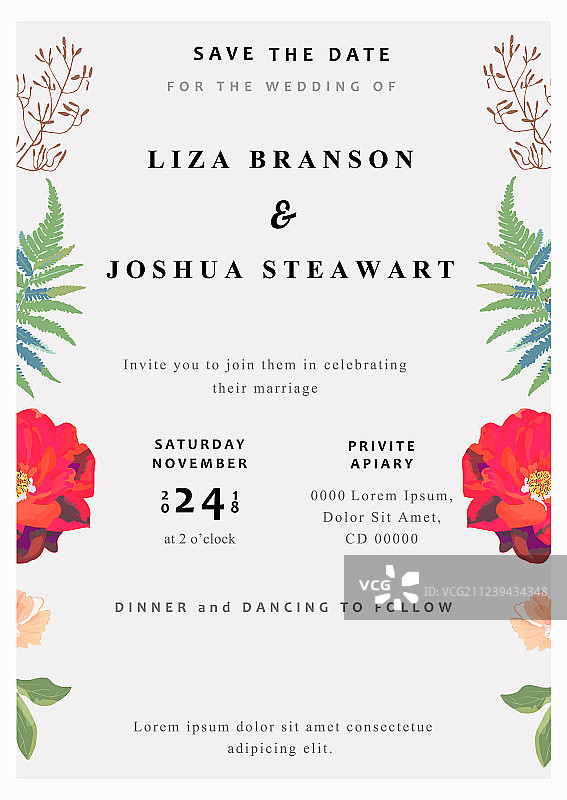 婚礼花卉背景彩色请柬图片素材