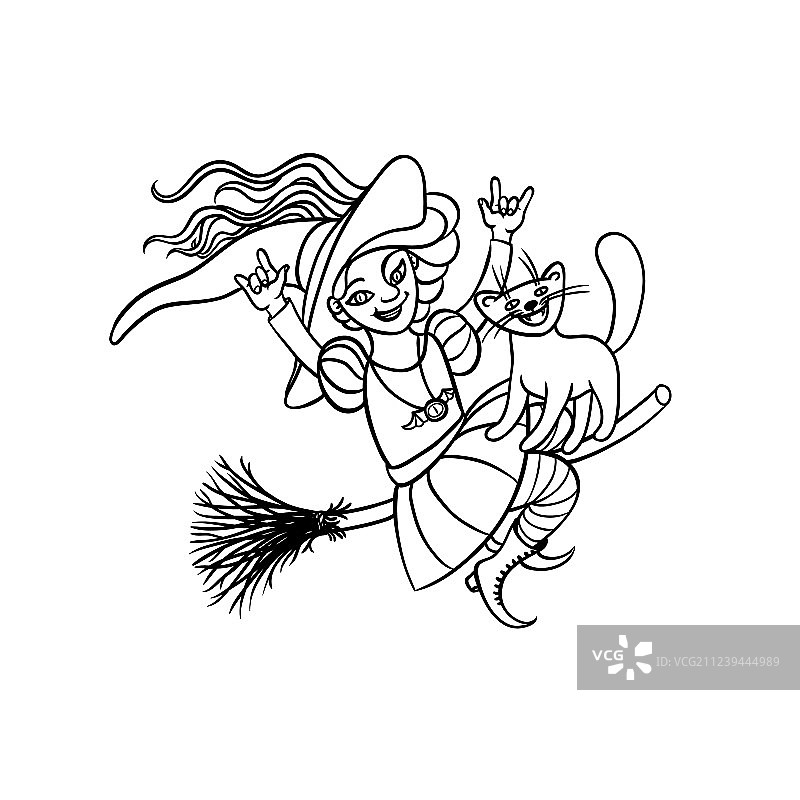 快乐的女孩扮成骑着扫帚的猫咪女巫图片素材