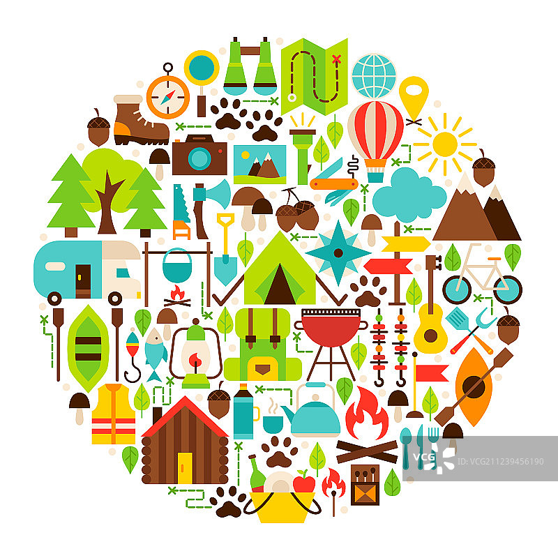 露营扁平风元素圆形组合图片素材