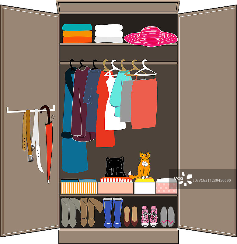 带有整洁衣服的打开的衣柜家居内饰图片素材