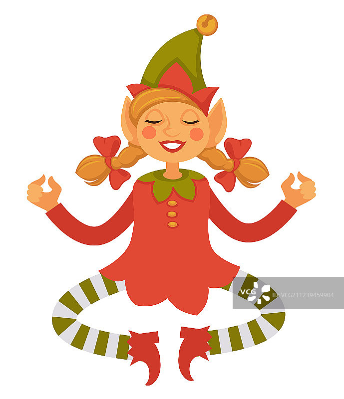 戴圆锥帽和条纹绑腿的精灵女孩冥想图片素材