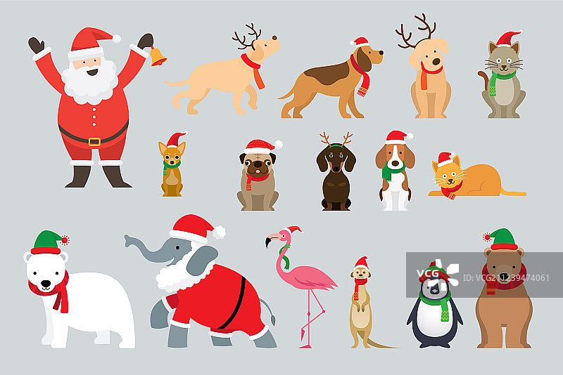 穿着圣诞服装的圣诞老人和动物图片素材